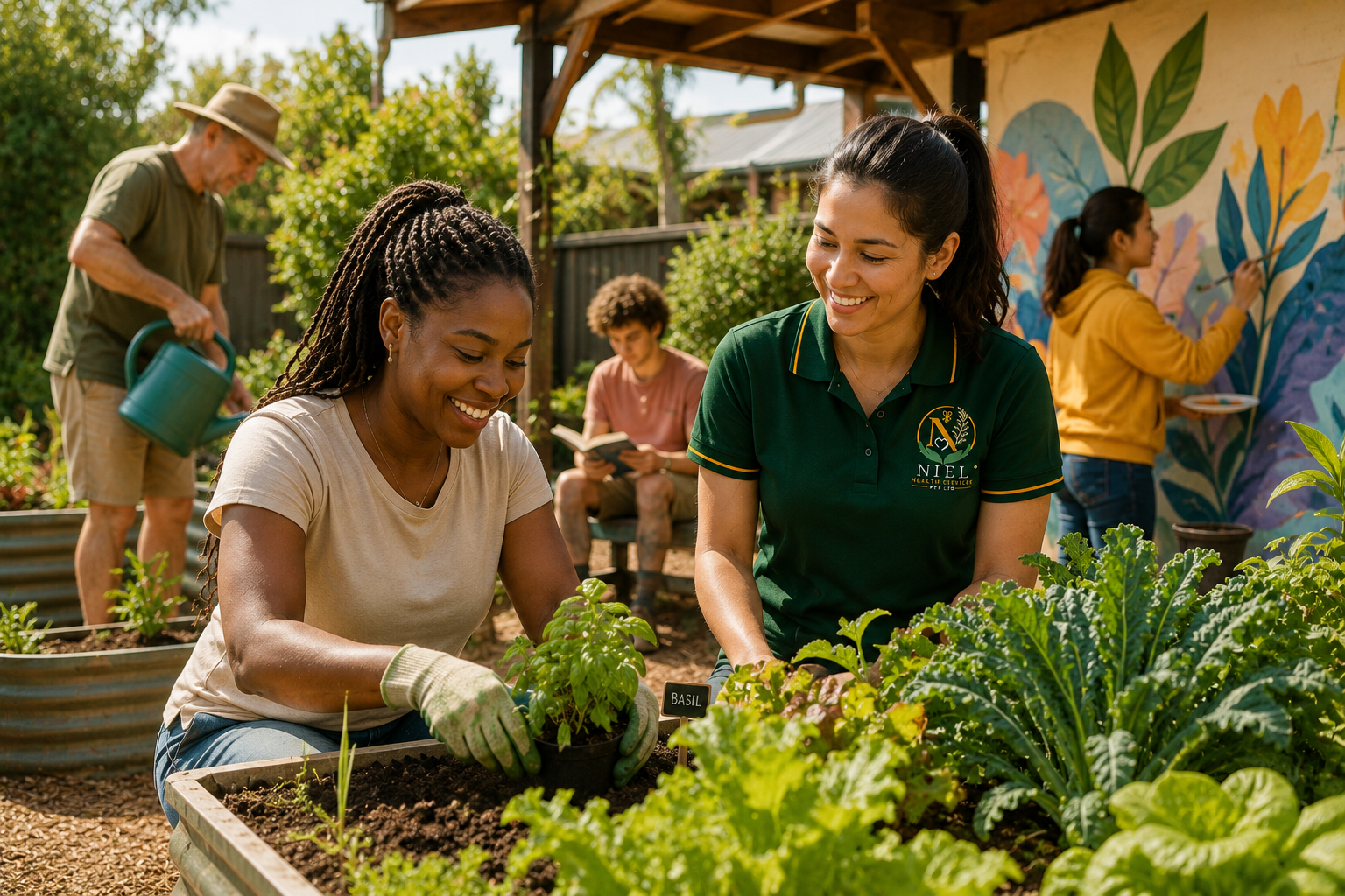 A confident young African woman plants herbs in a sunny Australian community garden while a Niel Health support worker in an emerald polo offers gentle encouragement