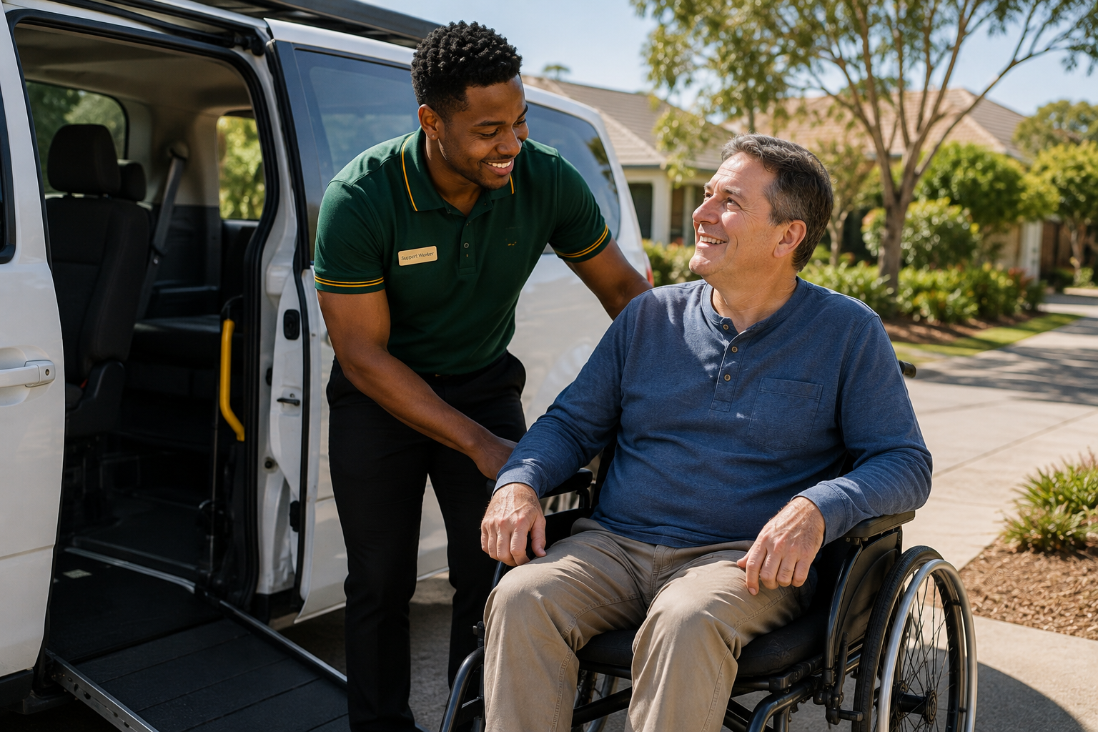 Niel Health Services support worker in emerald polo assisting a participant using a wheelchair beside an accessible van in an Australian suburban street