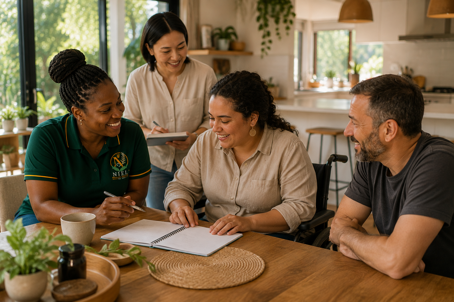 A Niel Health support worker in an emerald polo sits at a wooden table with a participant in a wheelchair and her partner, while another team member takes notes, in a bright modern Australian home filled with natural light and indoor plants