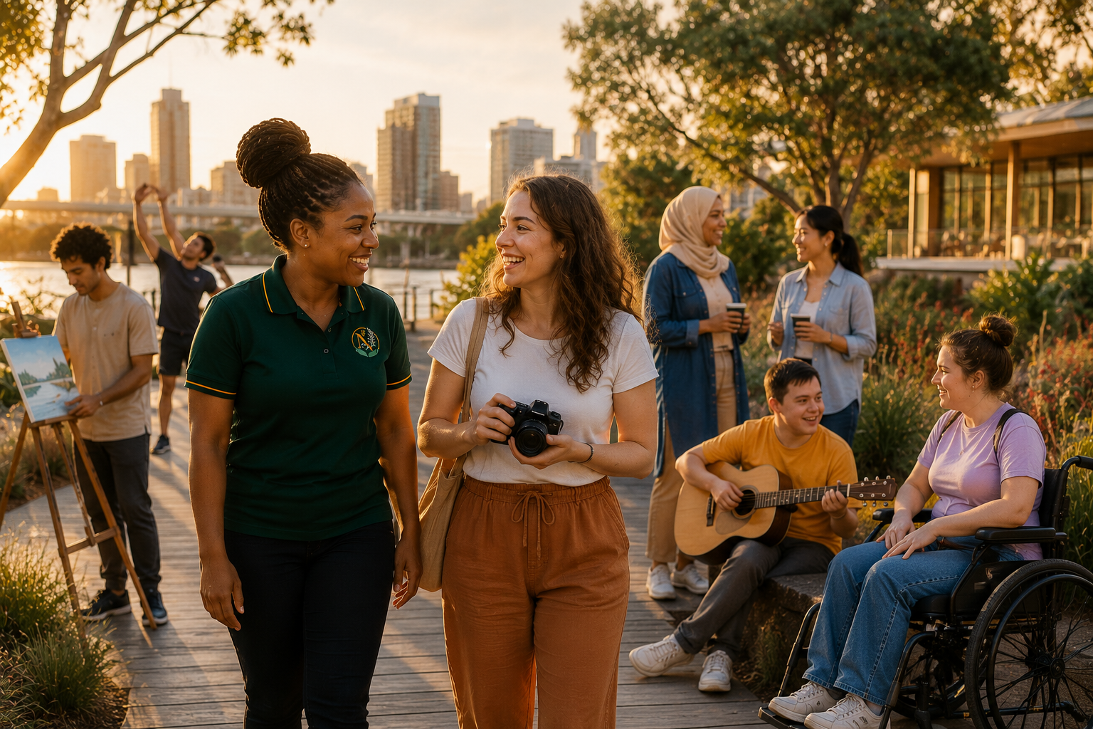 A diverse group of participants enjoy independent activities in a sunlit Australian riverside park at golden hour, with a young adult holding a camera walking beside a support worker in an emerald polo, while others paint, play guitar, take photos and chat together in the background