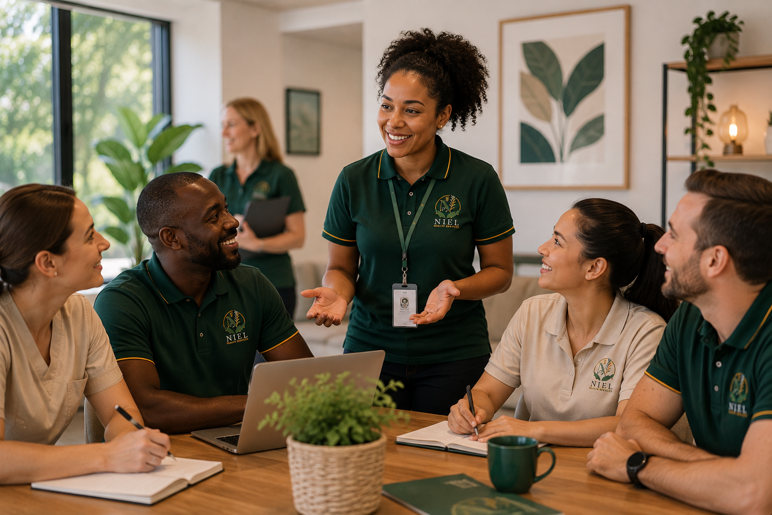 A diverse Niel Health Services team in emerald and cream uniforms collaborating together in a bright modern office