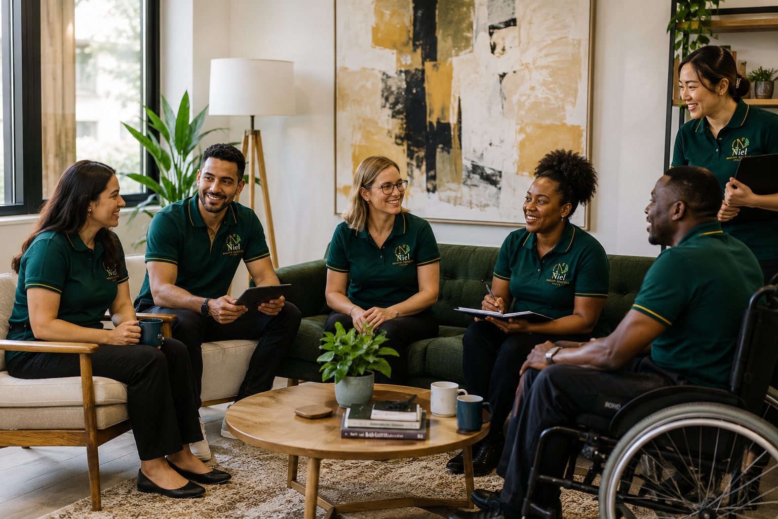 A diverse Niel Health Services team in emerald uniforms, including a team member in a wheelchair, collaborating in a warm modern lounge