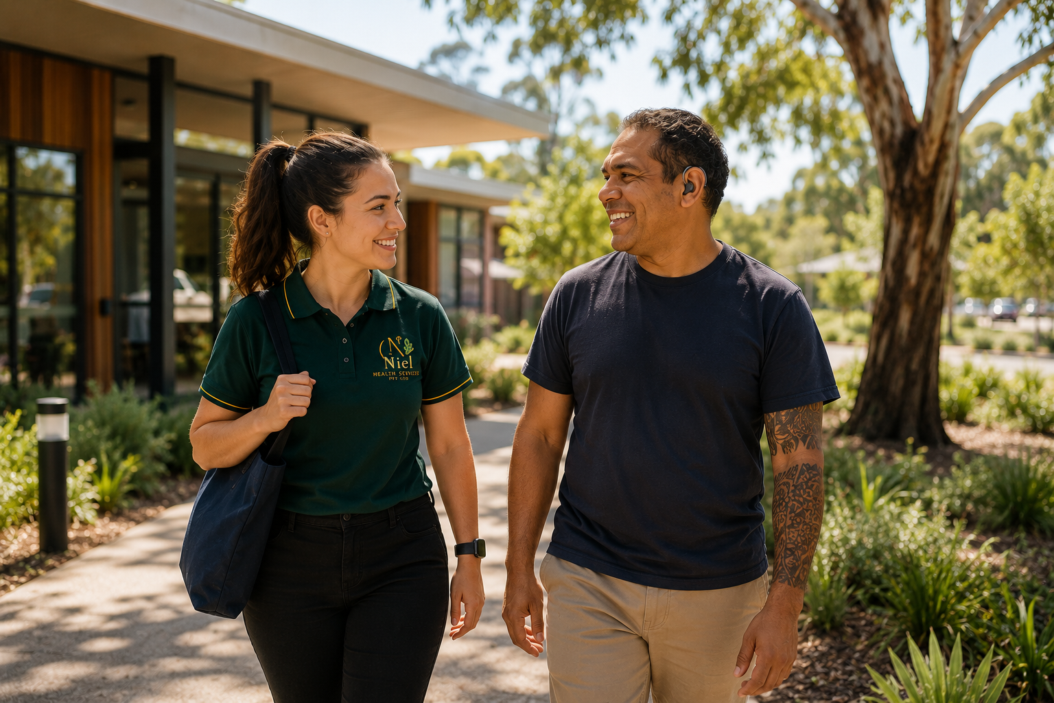 A NIEL support worker in an emerald uniform with gold trim walks alongside a participant outside a modern Australian disability support centre