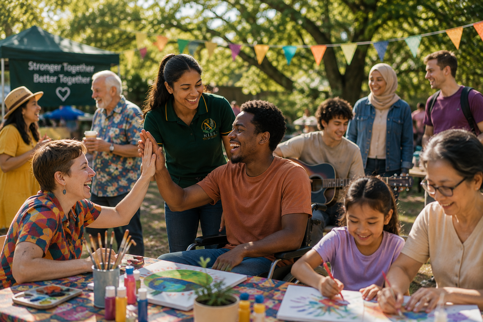 A vibrant Australian community festival in a leafy park at golden hour, where diverse participants of all ages and abilities create art, enjoy live acoustic music and share laughter together, with a Niel Health support worker in an emerald polo encouraging inclusion in the background