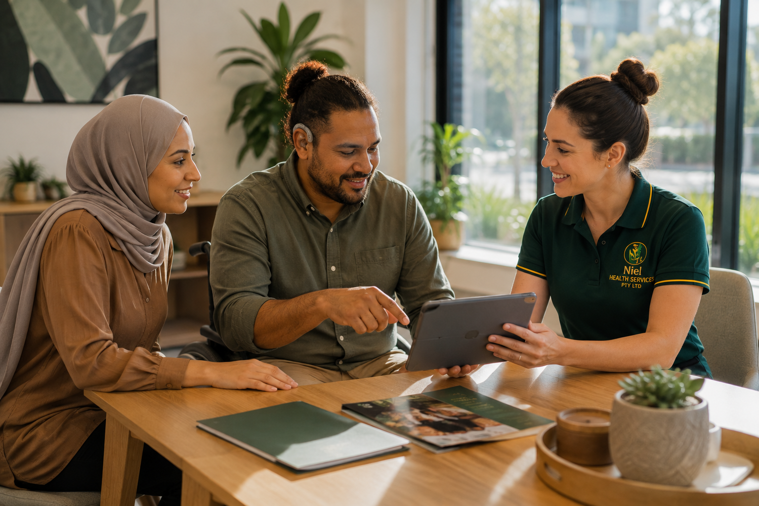 A NIEL support worker in an emerald uniform sits with a couple at a warm wooden table, reviewing a tablet together in a modern office filled with natural light