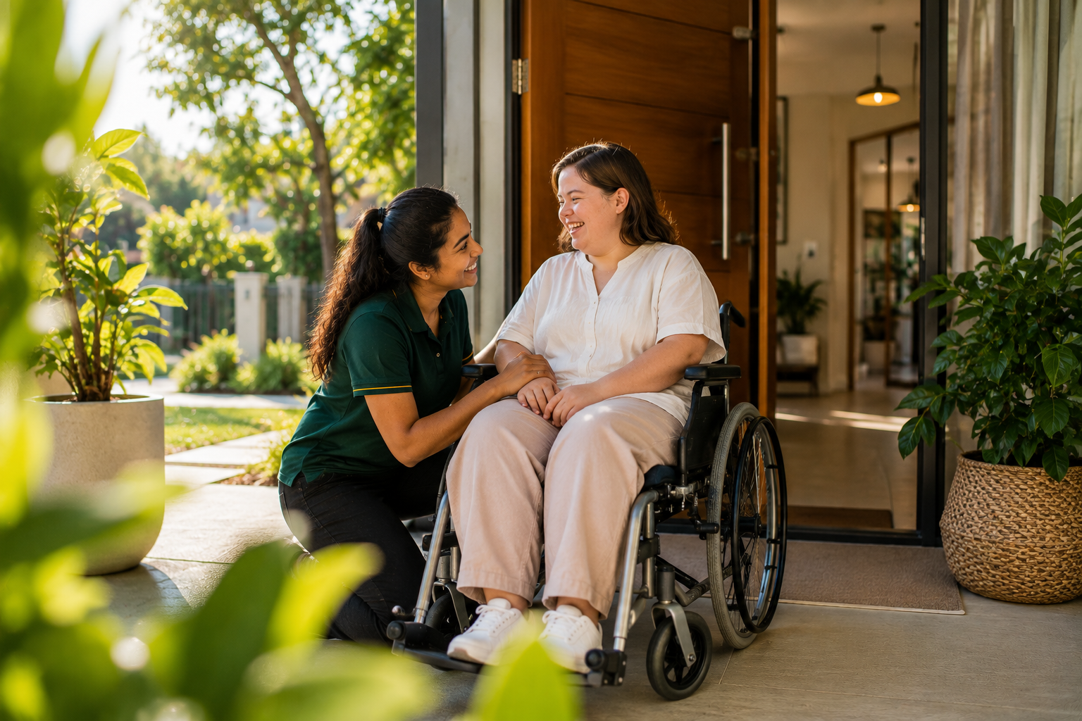 A NIEL support worker in an emerald uniform kneels beside a participant in a wheelchair on a sunny, plant-lined doorstep, sharing a warm moment of connection