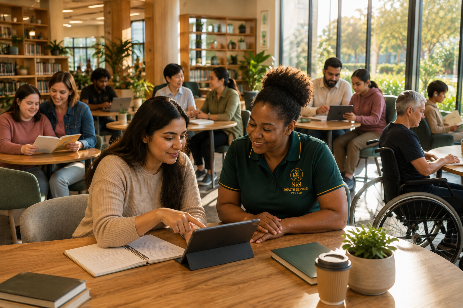 A NIEL support worker in an emerald uniform guides a participant through information on a tablet in a bright, modern community library, with other people reading and working in the background